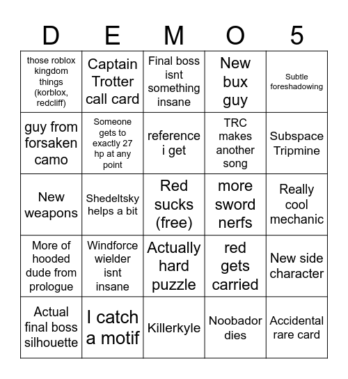 Demo 5 bingo Card