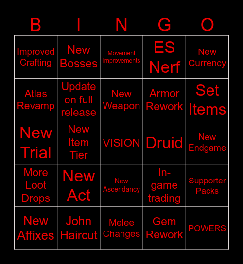 Path of Exile 2 Bingo Card Bingo Card