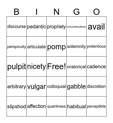 Vocabulary Bingo Card