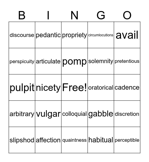 Vocabulary Bingo Card