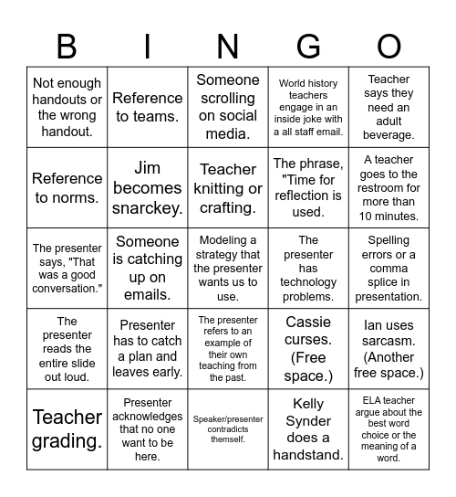 Professional Development Bingo ($1 in, winner takes all.) Bingo Card
