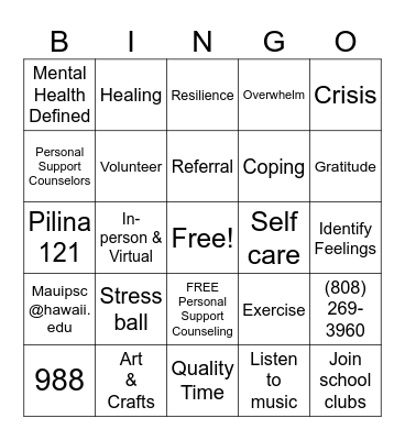 Mental Health & Wellness w/ PSC Bingo Card