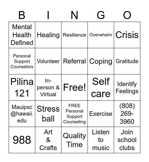 Mental Health & Wellness w/ PSC Bingo Card