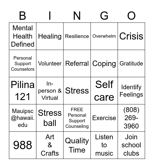 Mental Health & Wellness w/ PSC Bingo Card