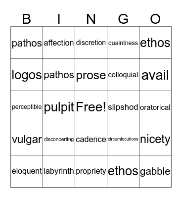 Vocabulary pt 2 Bingo Card