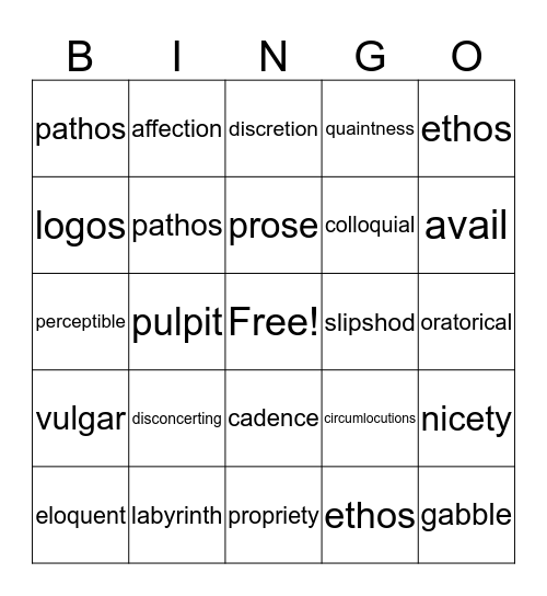 Vocabulary pt 2 Bingo Card