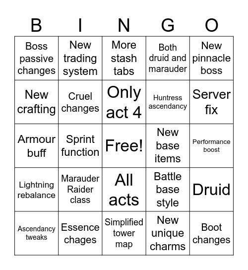Poe2 Livestream Bingo Card
