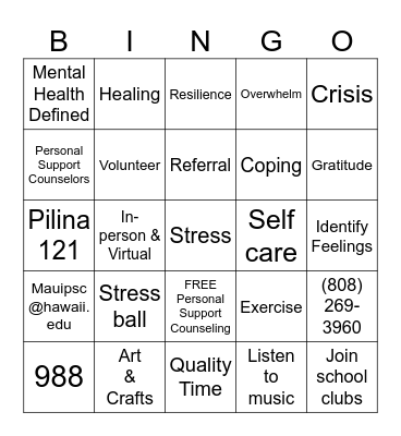 Mental Health & Wellness w/ PSC Bingo Card