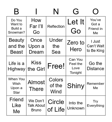 Disney/Family Favorites Bingo Card