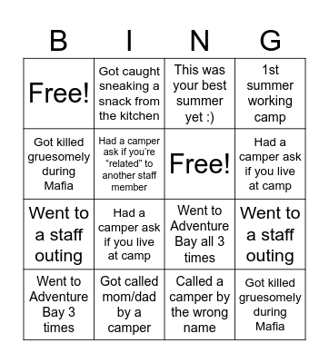 End of Summer Camp BINGO! Bingo Card