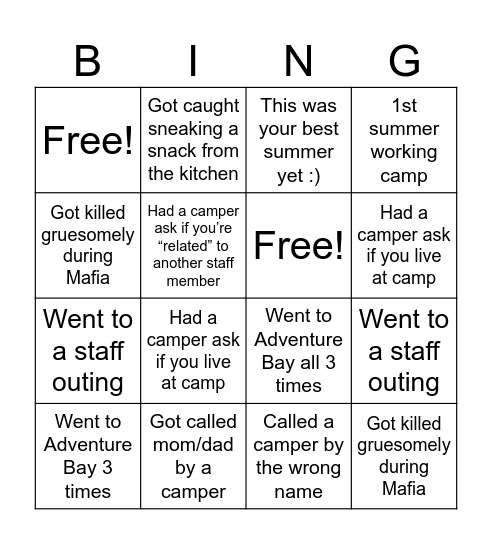 End of Summer Camp BINGO! Bingo Card