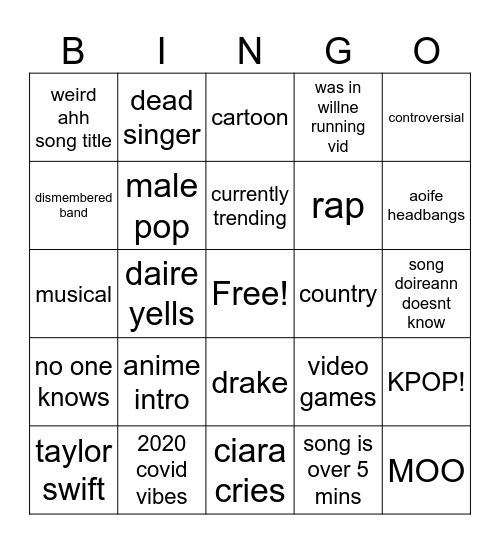 spotify bingo Card