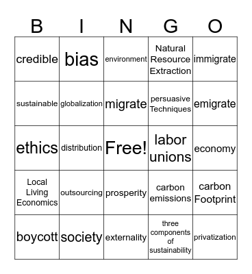 Vocabulary Bingo Card