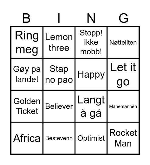 Musikkbingo Card