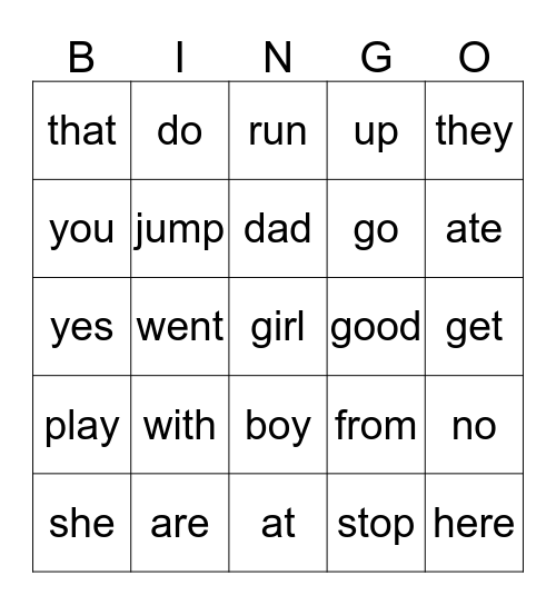Sight Word Bingo Card