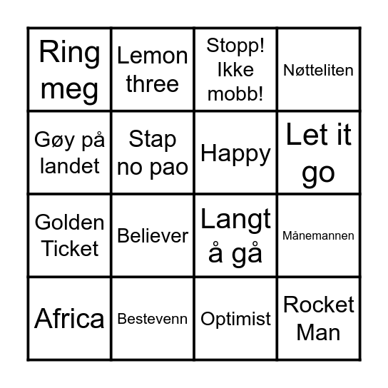 Musikkbingo Card
