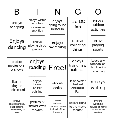 Hobbies & Interests Bingo Card