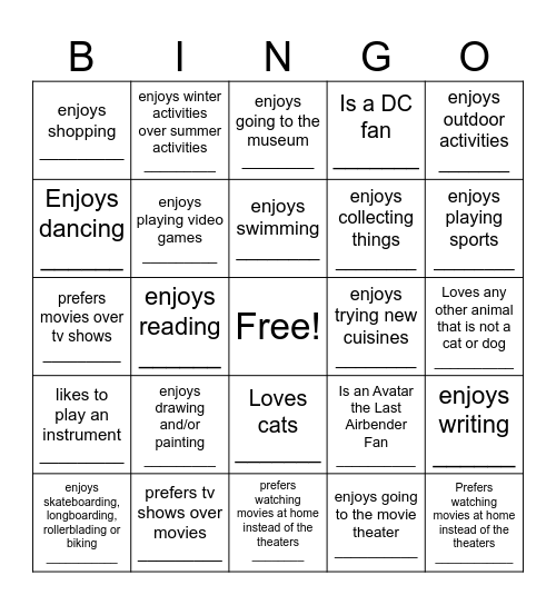 Hobbies & Interests Bingo Card