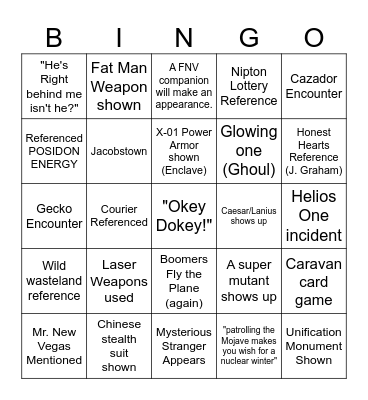 FALLOUT S2 BINGO CHART Bingo Card