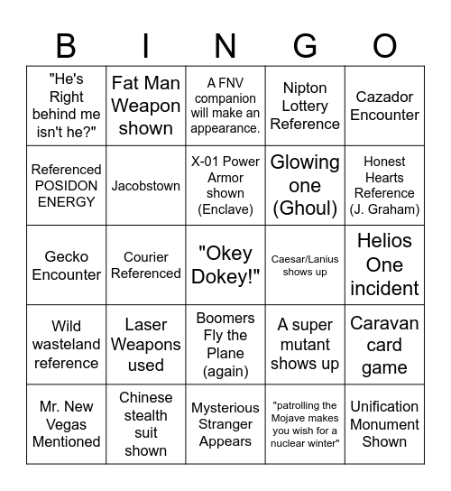 FALLOUT S2 BINGO CHART Bingo Card