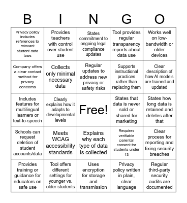 Privacy Green Flags Bingo Card