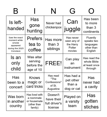 Serra House 2025 Orientation Bingo Card