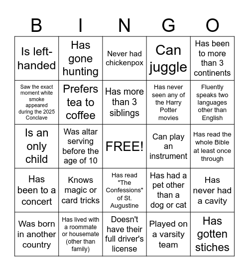 Serra House 2025 Orientation Bingo Card