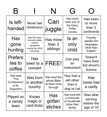 Serra House 2025 Orientation Bingo Card