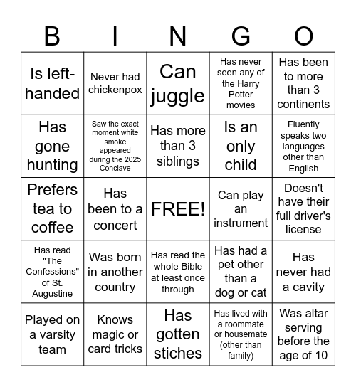 Serra House 2025 Orientation Bingo Card