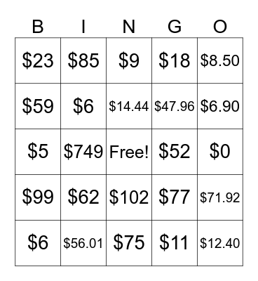 Money Math Bootcamp Bingo Card