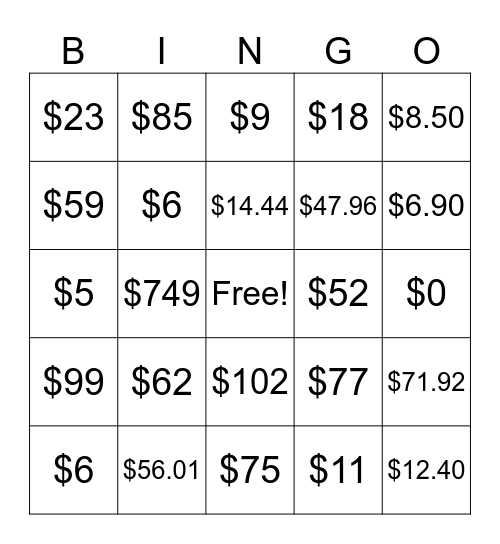 Money Math Bootcamp Bingo Card