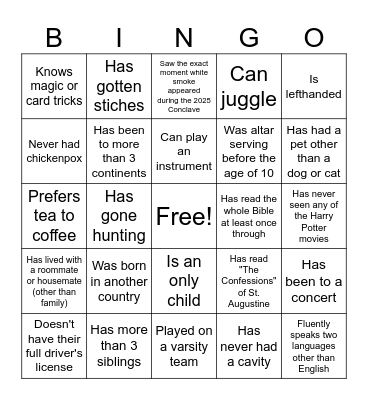 Serra House 2025 Orientation Bingo Card