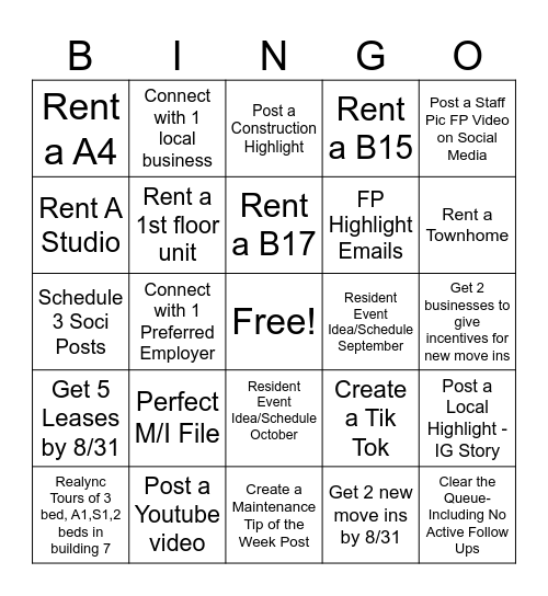 Leasing Bingo Card