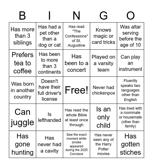 Serra House 2025 Orientation Bingo Card