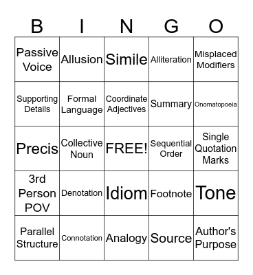 English II Review Bingo Card