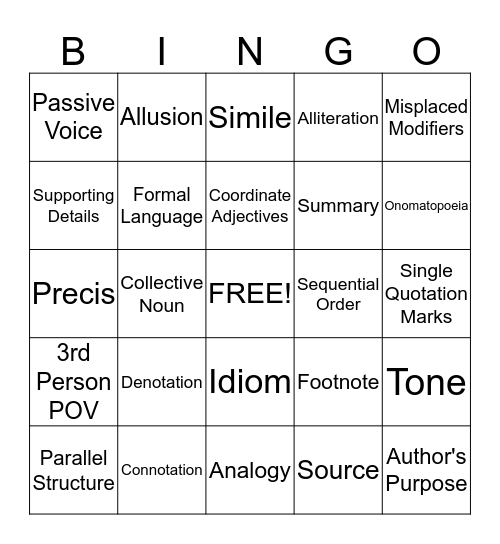 English II Review Bingo Card