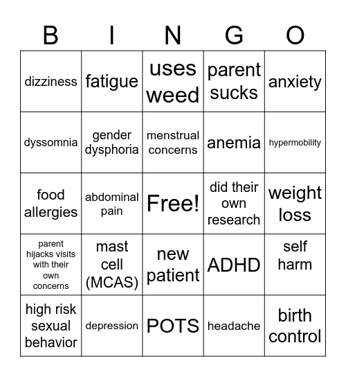 Teenager Bingo Card