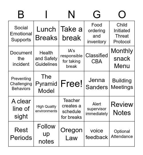 Classroom Handbook Bingo Card