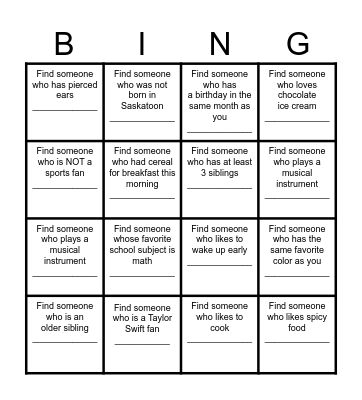 Find a Friend Bingo Card