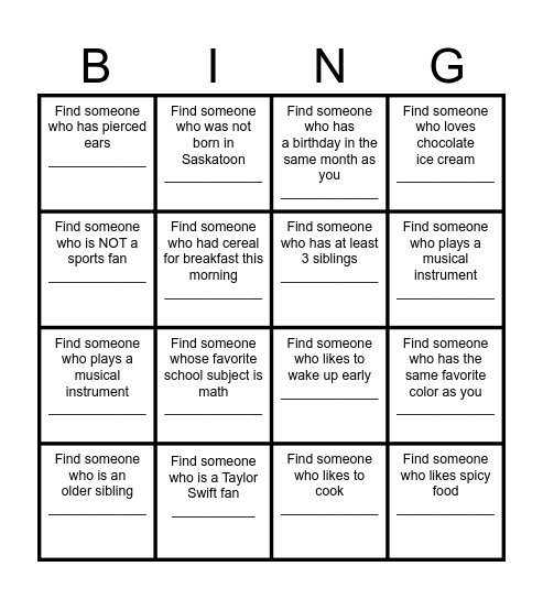 Find a Friend Bingo Card