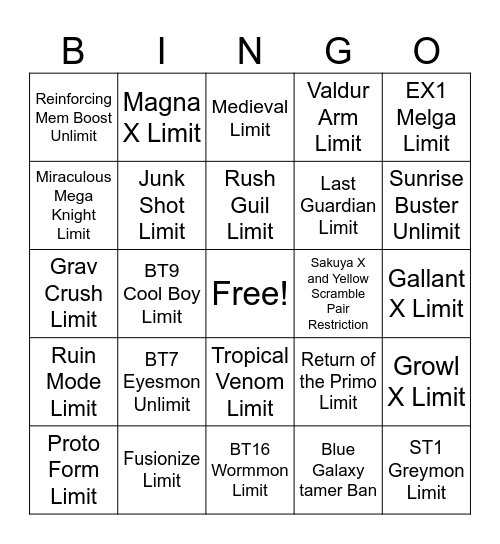 Digimon Banlist Bingo Card