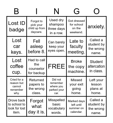 Tired Teacher Bingo Card