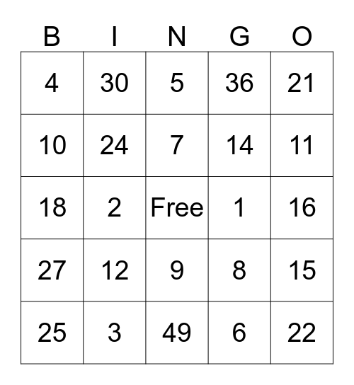 Multiplication Bingo Card
