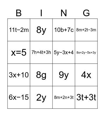 Algebra Bingo Card