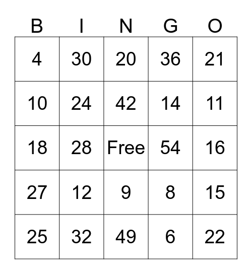 Multiplication Bingo Card