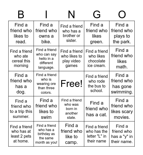 Find a Friend Bingo Card