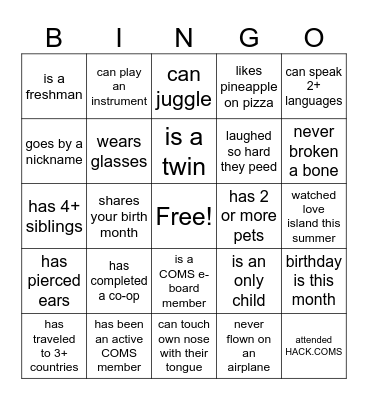 COMS BINGO: find someone who... Bingo Card