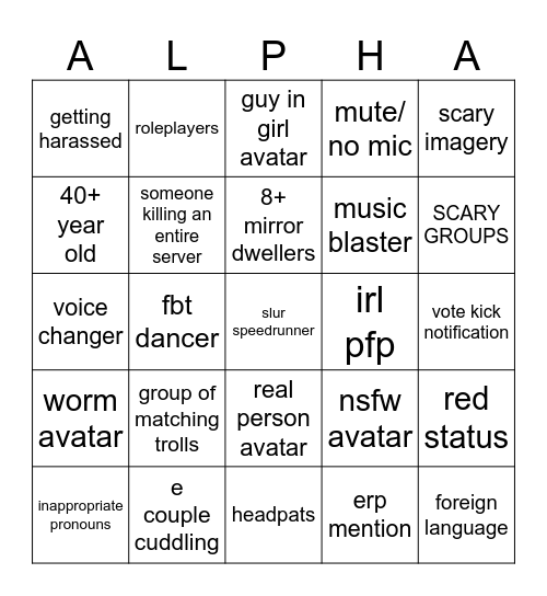 VRCHAT Bingo Card