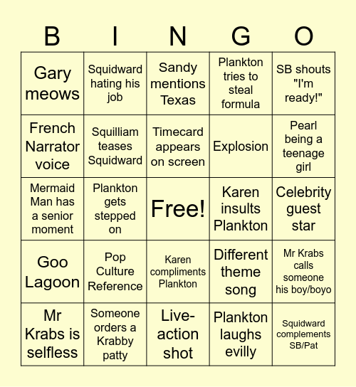 Spongebob Watch & Play Bingo Card
