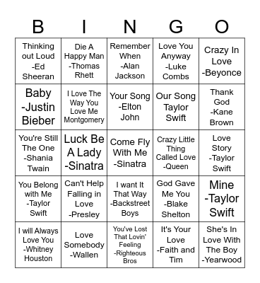Love Songs Bingo Card